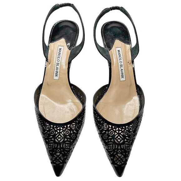 Manolo Blahnik Carolyne Laser Cut Heels Black Slingback Leather Heel Pumps EU 39 - Picture 2 of 12